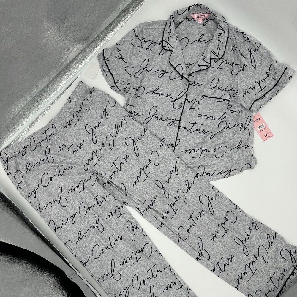 Juicy Couture Gray Script Pajama Set Women’s Size L Sleepwear Top & Pants